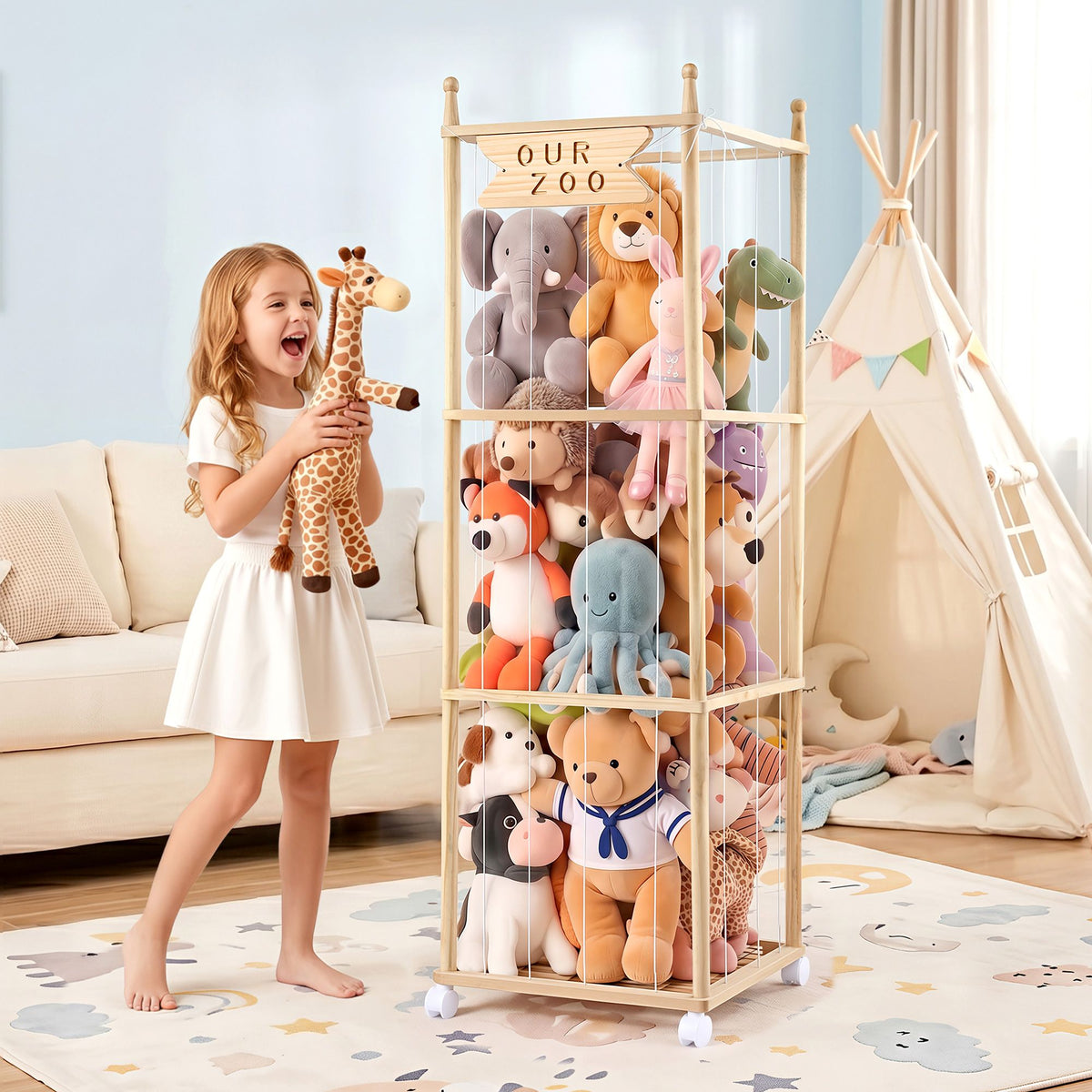 Keezi Stuffed Animal Storage Wooden Toy Holder with Wheels Elastic Cords