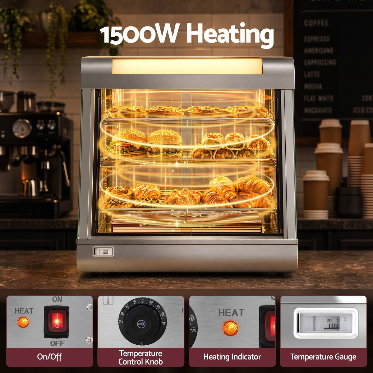 Devanti Commercial Food Warmer 1500W 3 Shelf Stainless Steel Thermostat