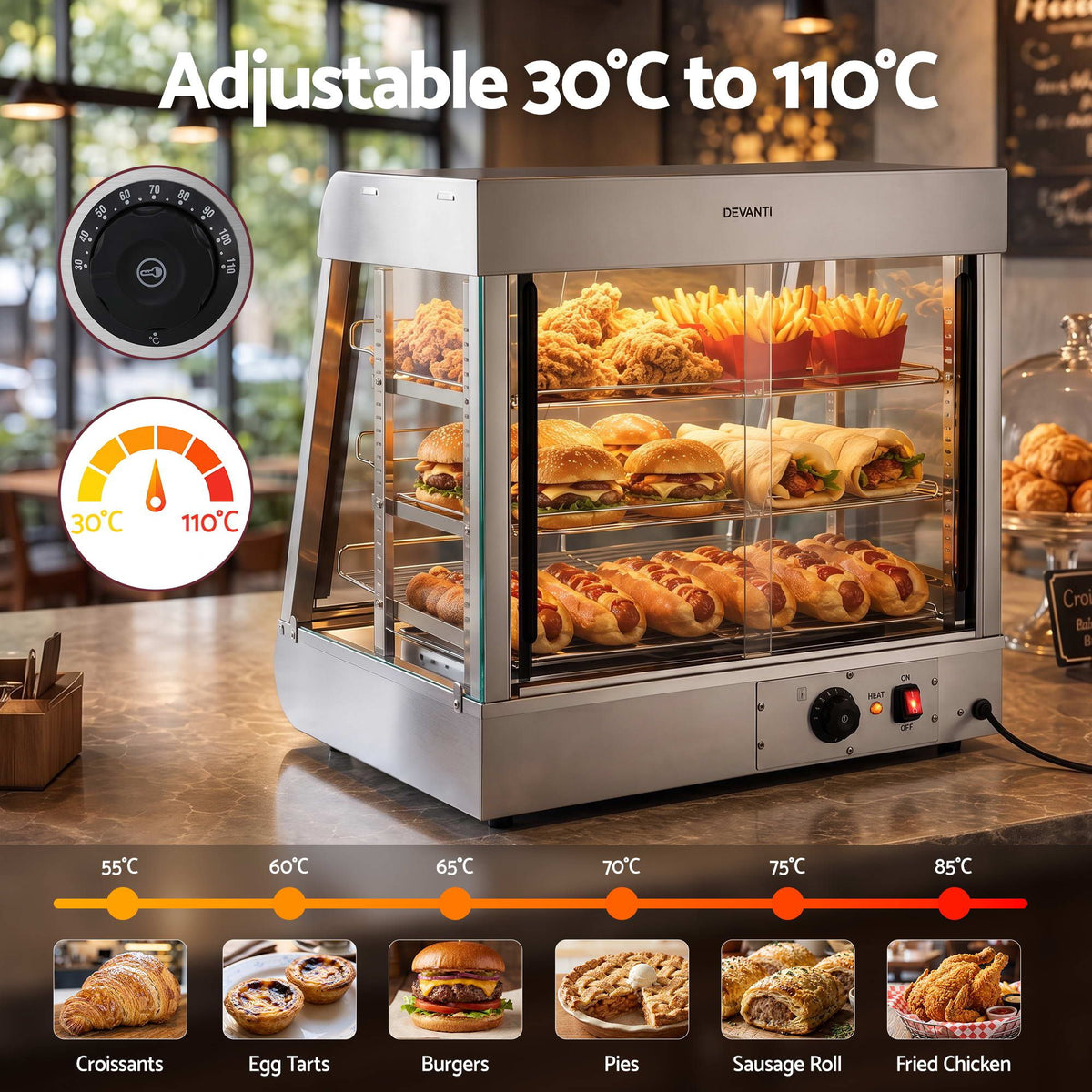 Devanti Commercial Food Warmer 1500W 3 Shelf Stainless Steel Thermostat