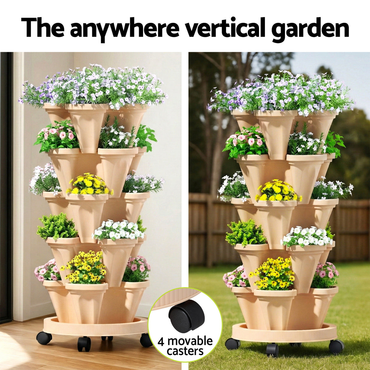 Green Fingers Garden Stackable Planters Bed 5 Tier Vertical Garden Beige