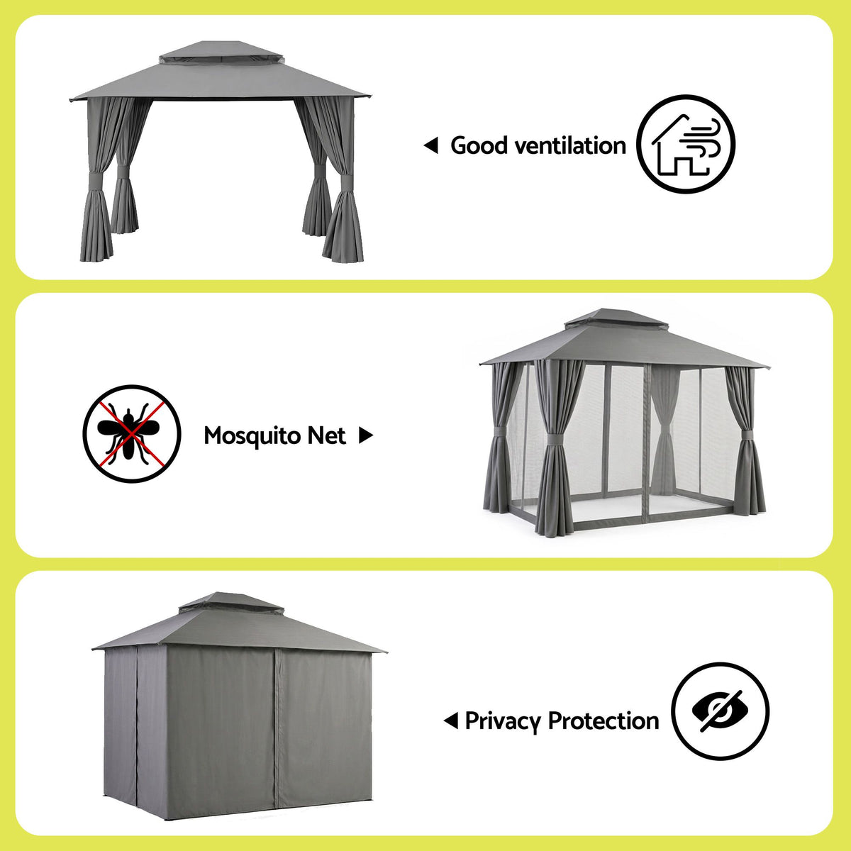 Instahut Gazebo 3x3m Canopy Outdoor Steel Frame Patio Tent Curtains Marquee Grey