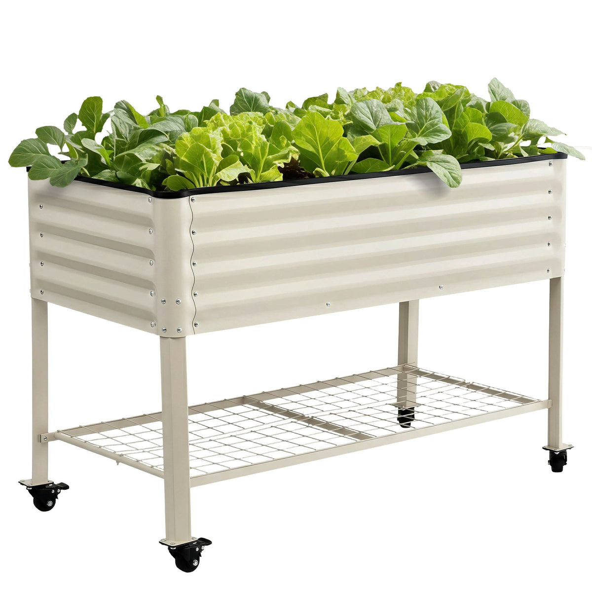 Green Fingers Mobile Raised Garden Bed With Wheels Storage Shelf 81cm Height for Vegetables Herb White