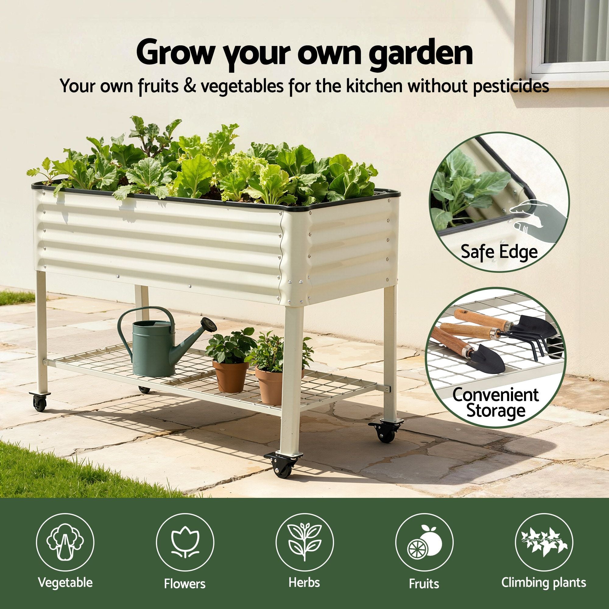 Green Fingers Mobile Raised Garden Bed With Wheels Storage Shelf 81cm Height for Vegetables Herb White