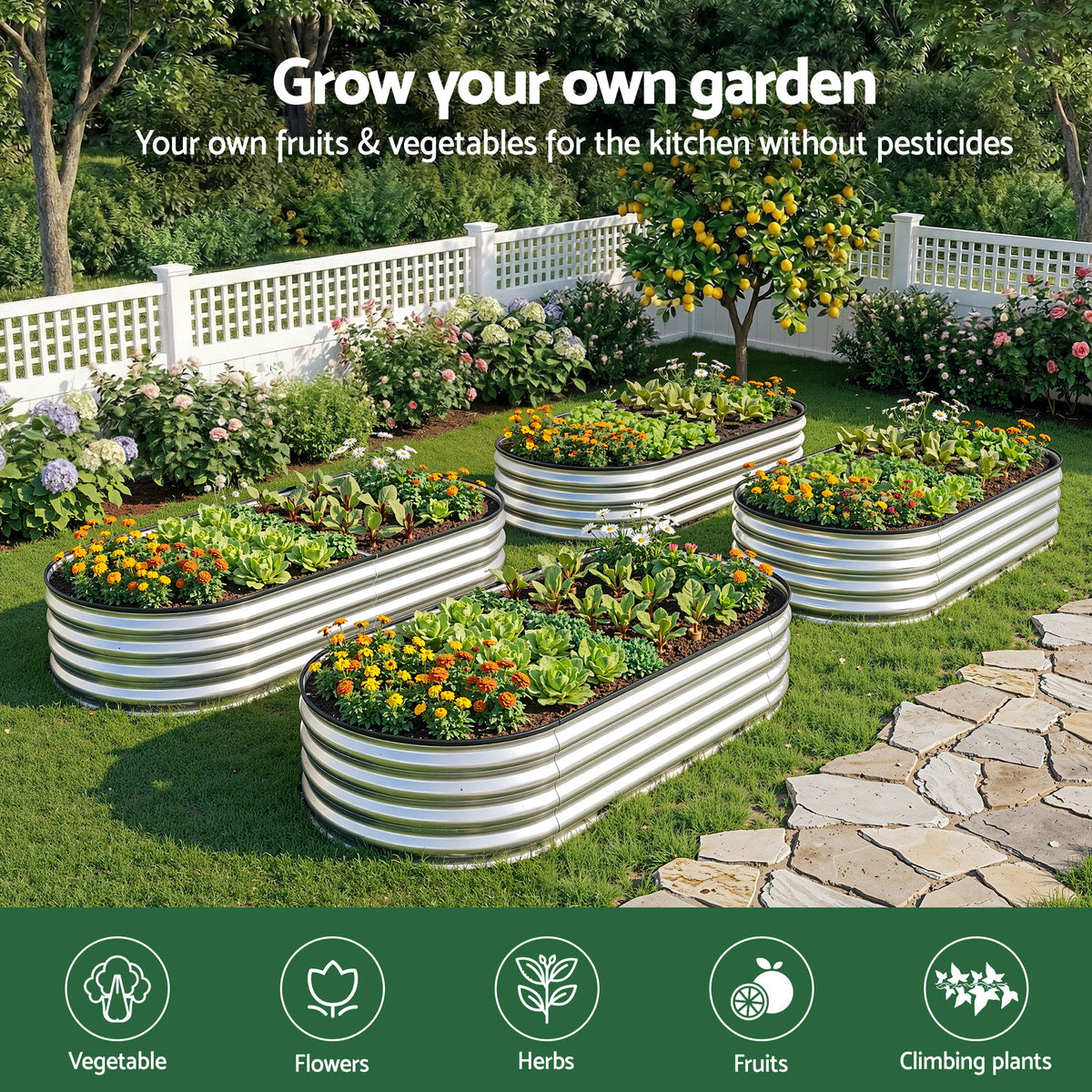 Green Fingers Raised Garden Bed Galvanised Oval Metal Planter Box Large Outdoor 150x70x30cm Silver