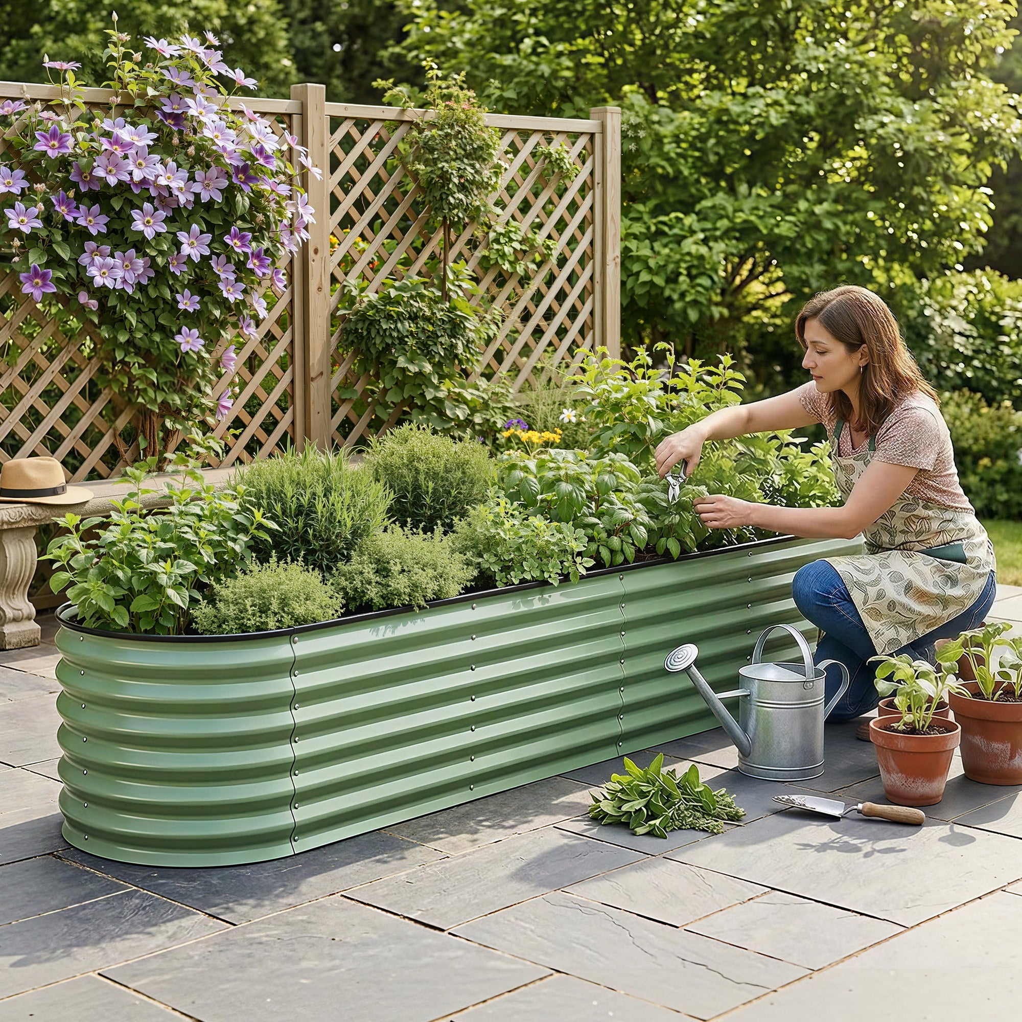 Green Fingers Oval Raised Garden Bed Galvanised Planter Box Rust Resistant 240x60x45cm Green