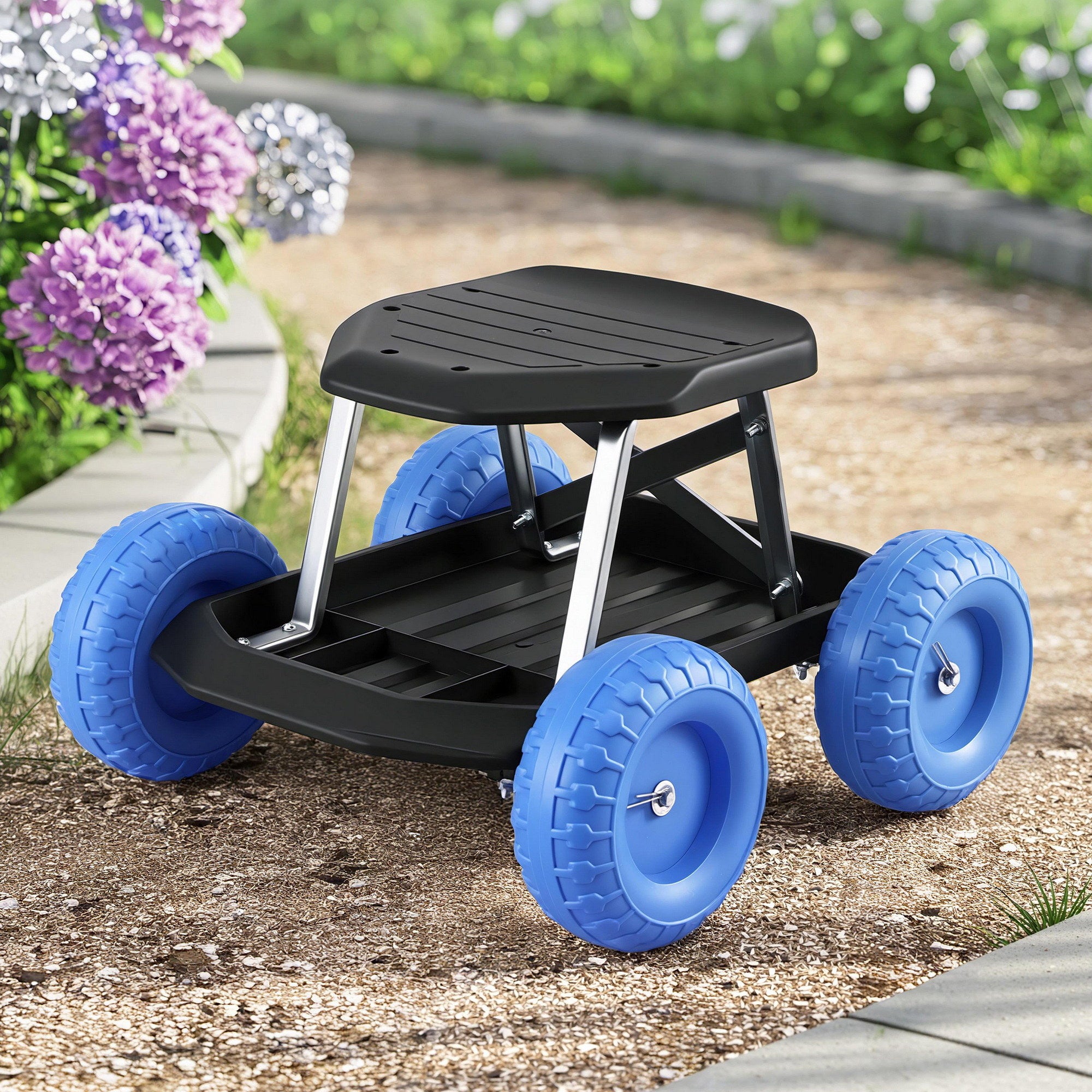 Gardeon Garden Cart Seat with Wheels, Rolling Work Stool with Tool Storage Tray Blue