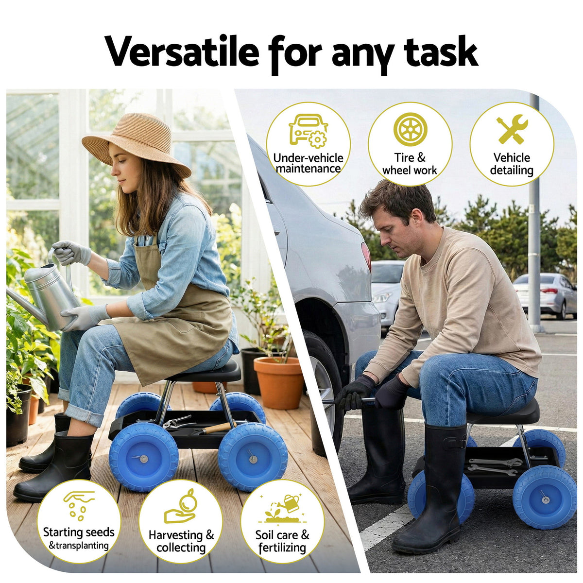 Gardeon Garden Cart Seat with Wheels, Rolling Work Stool with Tool Storage Tray Blue