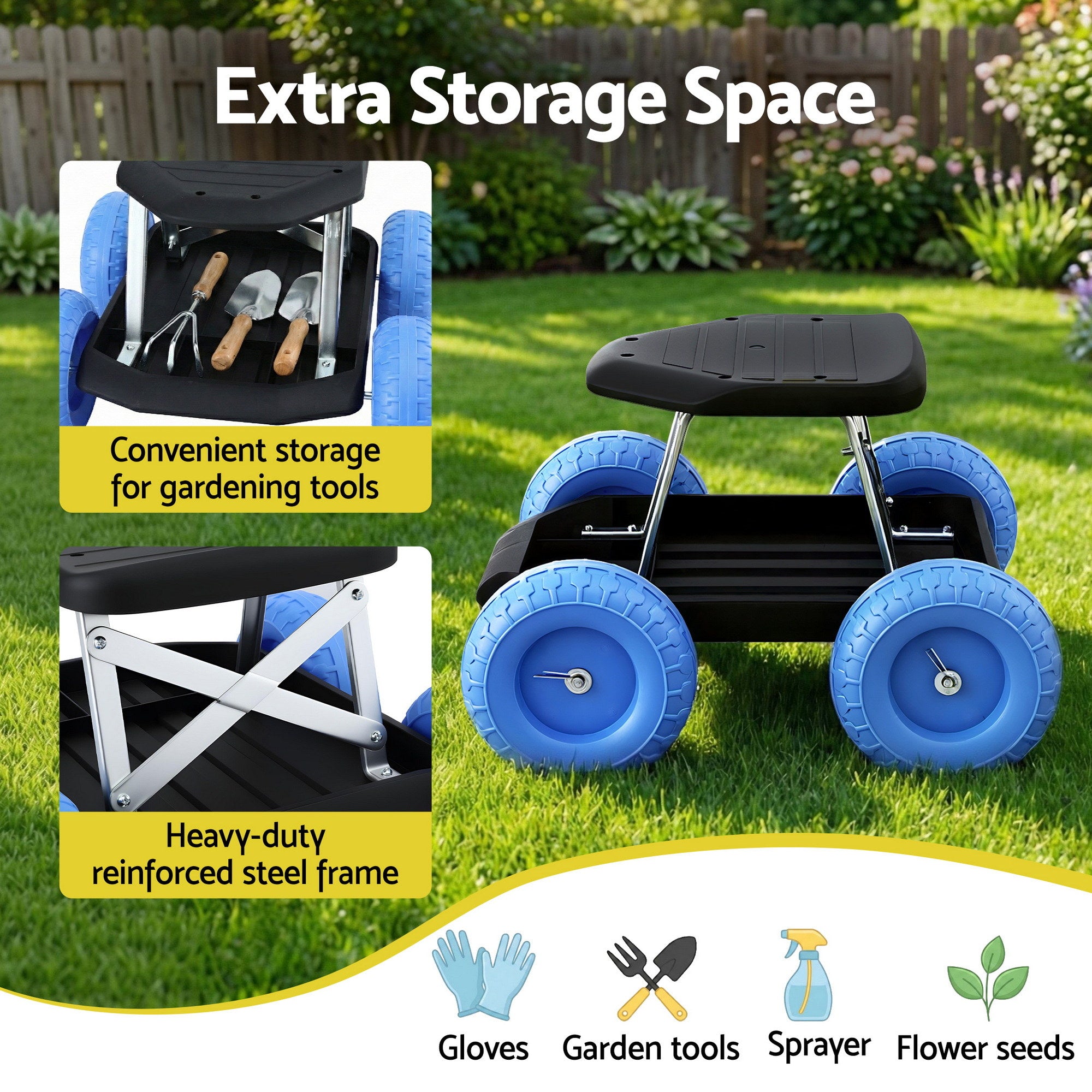 Gardeon Garden Cart Seat with Wheels, Rolling Work Stool with Tool Storage Tray Blue