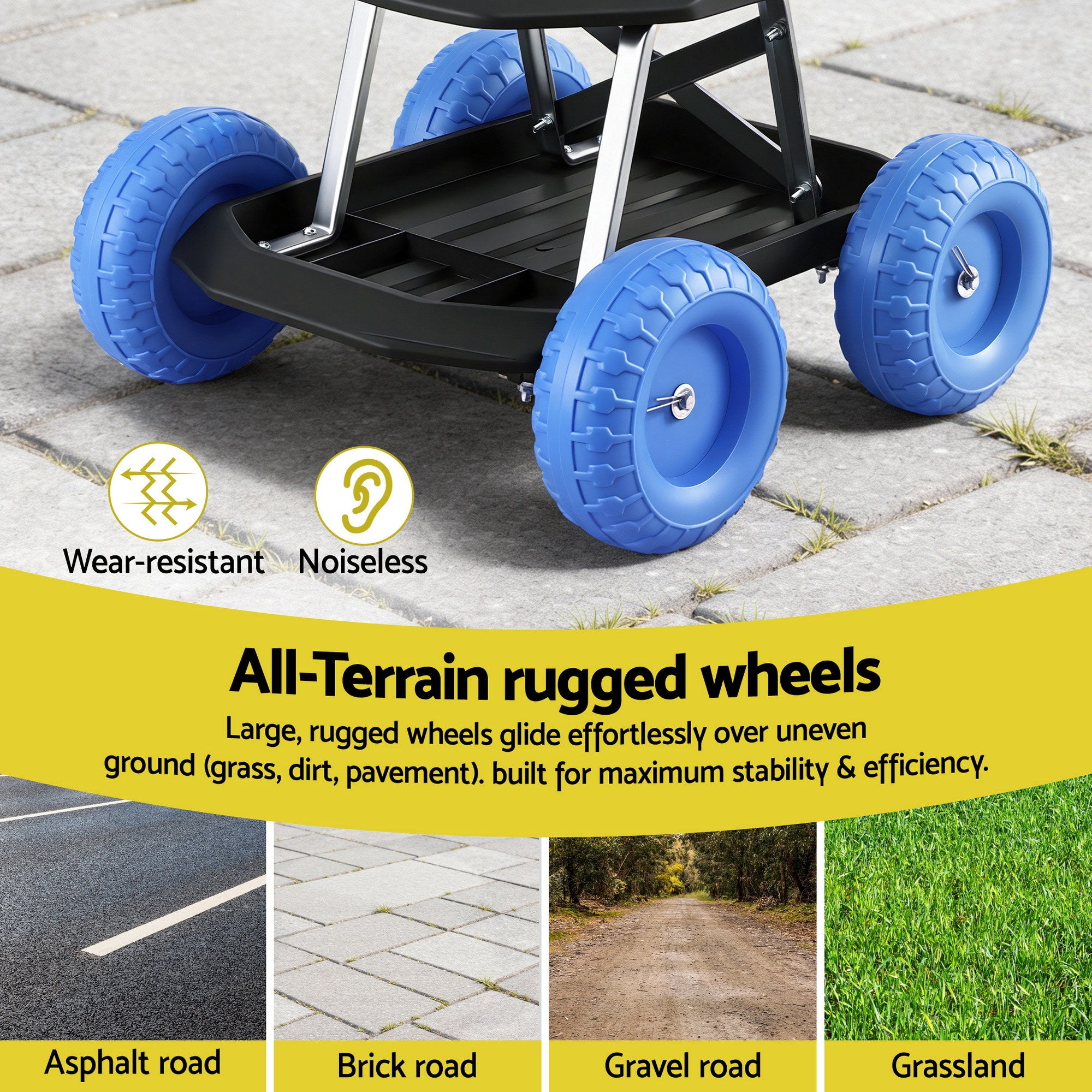 Gardeon Garden Cart Seat with Wheels, Rolling Work Stool with Tool Storage Tray Blue