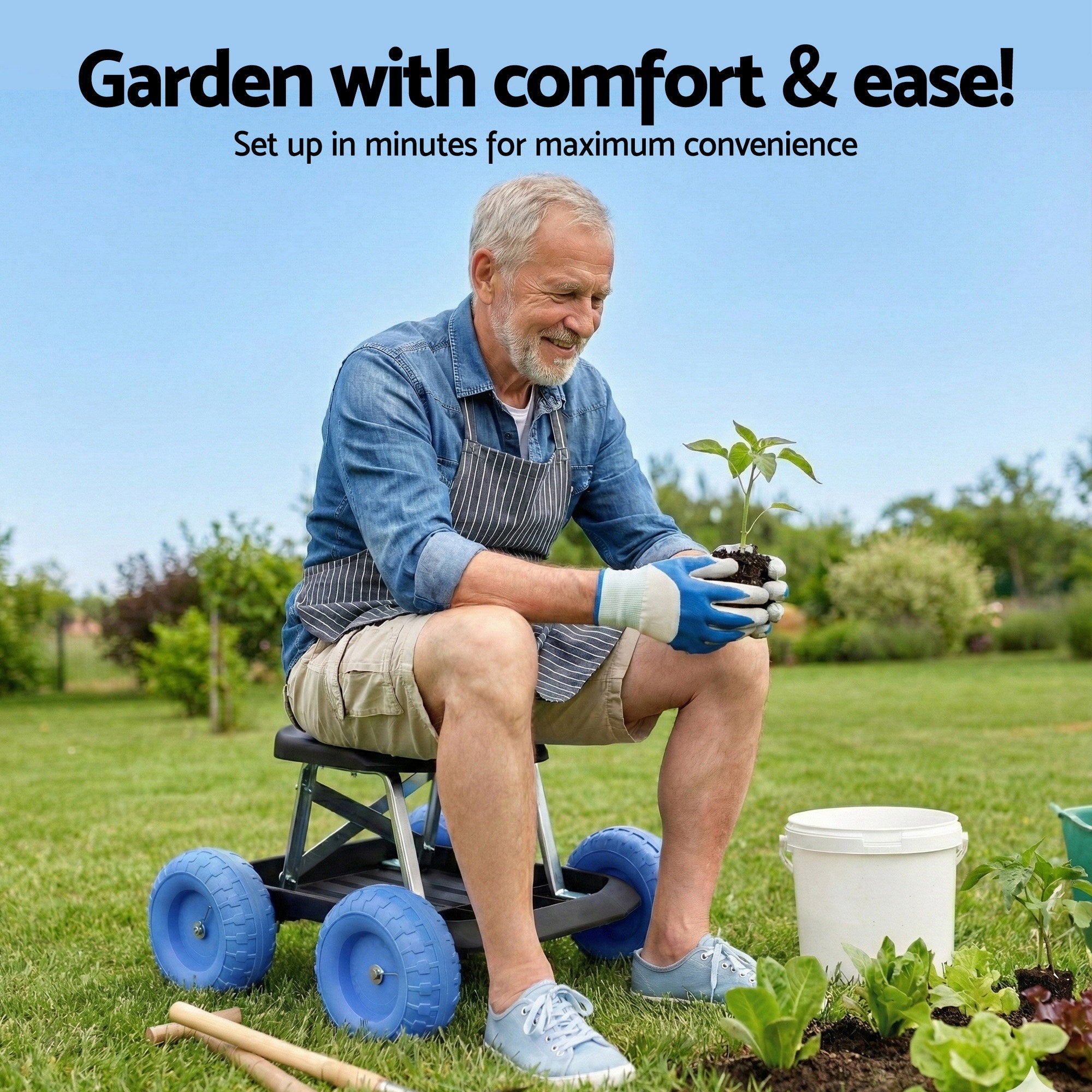 Gardeon Garden Cart Seat with Wheels, Rolling Work Stool with Tool Storage Tray Blue