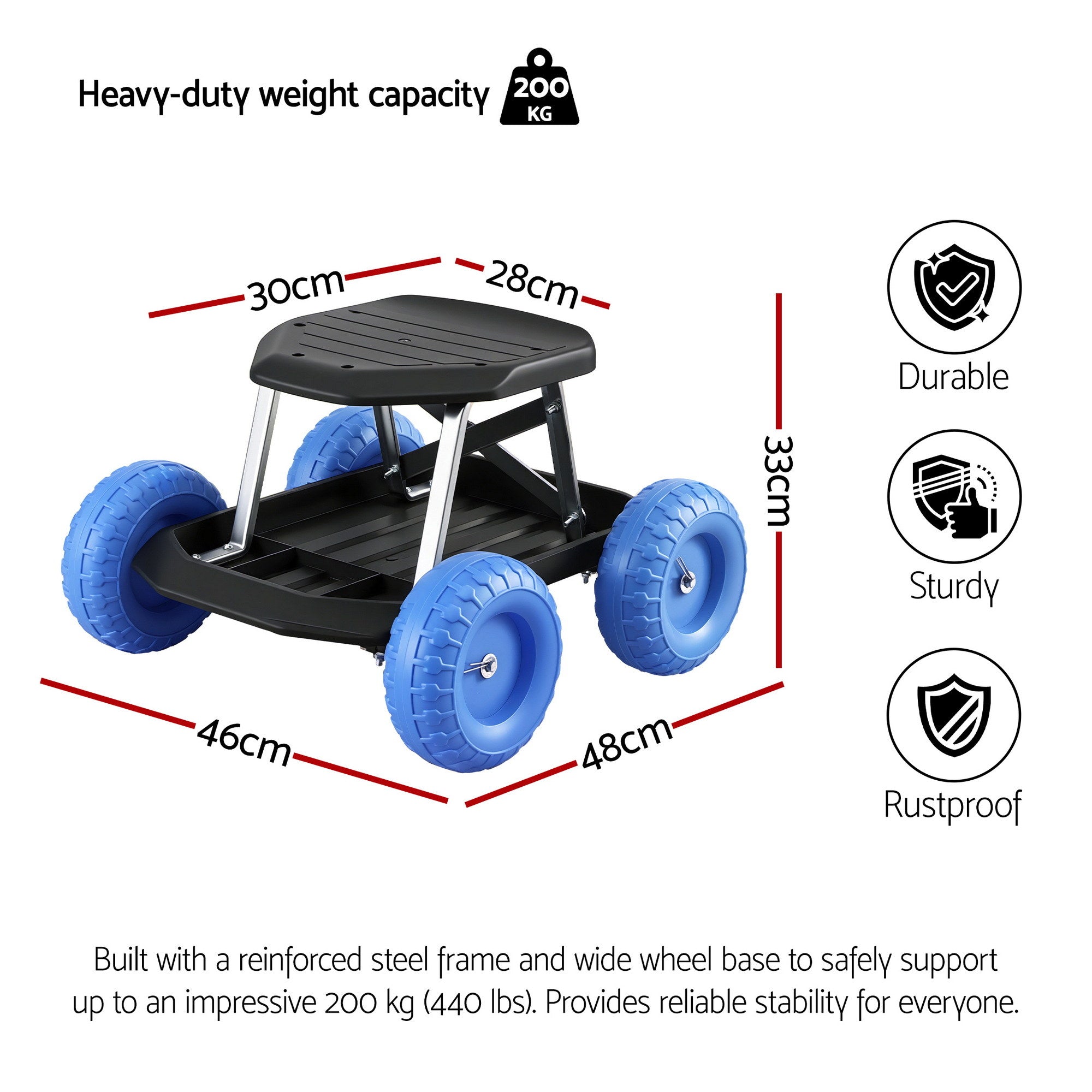 Gardeon Garden Cart Seat with Wheels, Rolling Work Stool with Tool Storage Tray Blue
