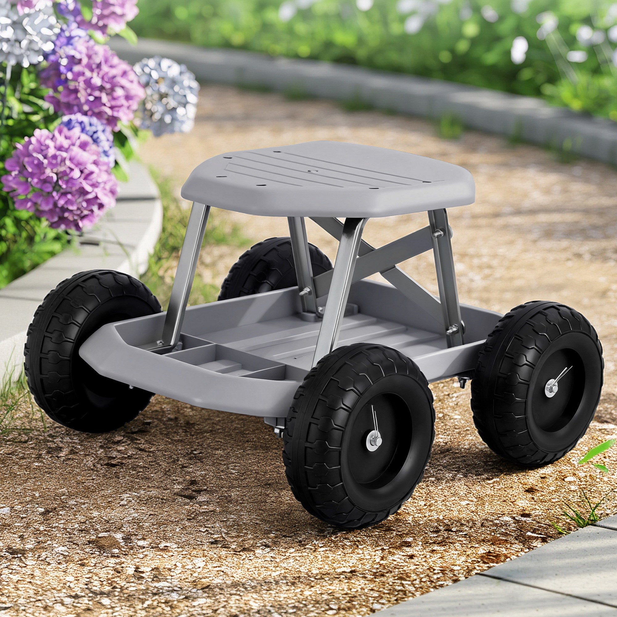 Gardeon Garden Cart Seat with Wheels, Rolling Work Stool with Tool Storage Tray Grey
