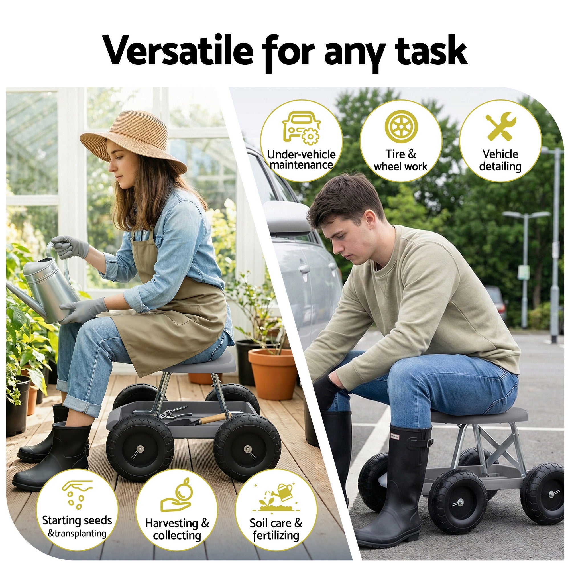 Gardeon Garden Cart Seat with Wheels, Rolling Work Stool with Tool Storage Tray Grey