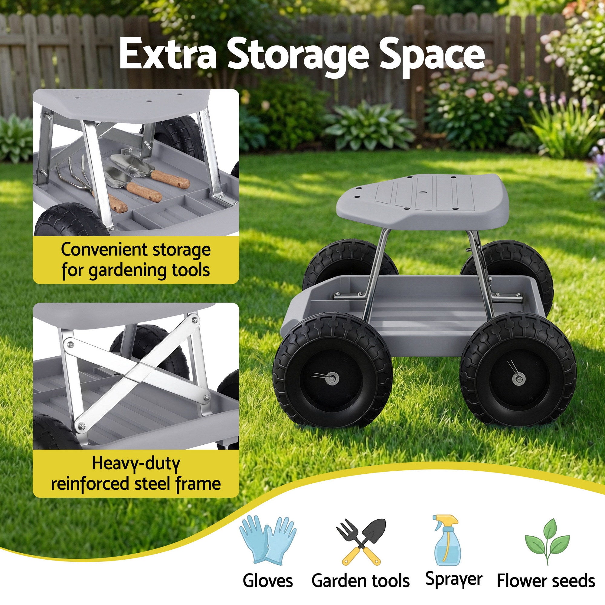 Gardeon Garden Cart Seat with Wheels, Rolling Work Stool with Tool Storage Tray Grey