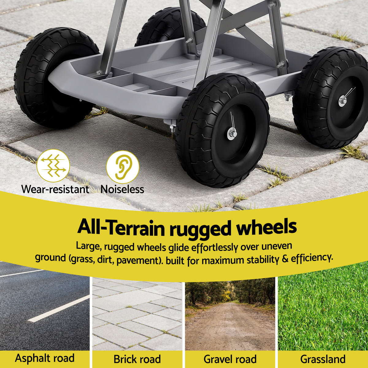 Gardeon Garden Cart Seat with Wheels, Rolling Work Stool with Tool Storage Tray Grey