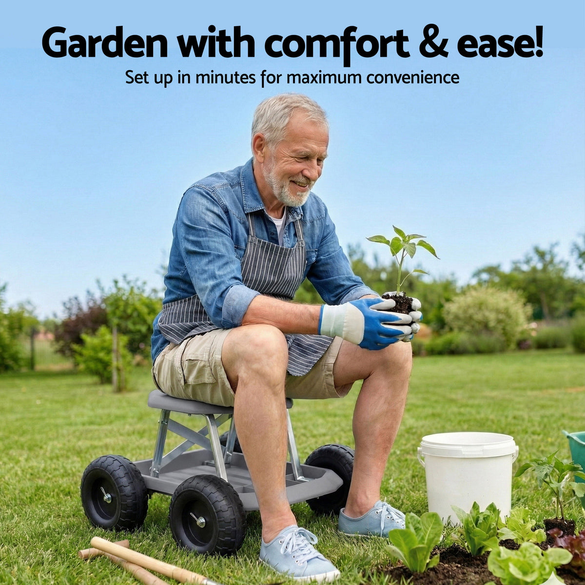 Gardeon Garden Cart Seat with Wheels, Rolling Work Stool with Tool Storage Tray Grey