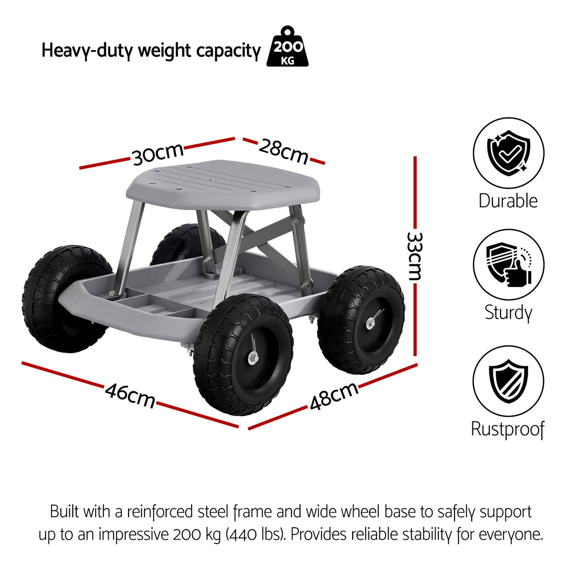 Gardeon Garden Cart Seat with Wheels, Rolling Work Stool with Tool Storage Tray Grey