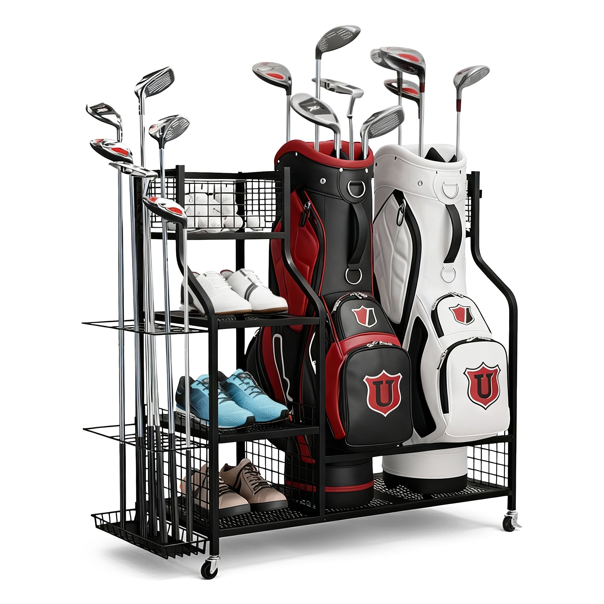 Everfit Golf Bag Storage Golf Storage Garage Organizer with Wheels Black
