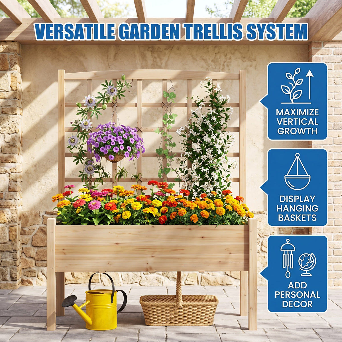 Raised Garden Bed with Trellis Wooden Planter Box Drainage Holes Waist Height