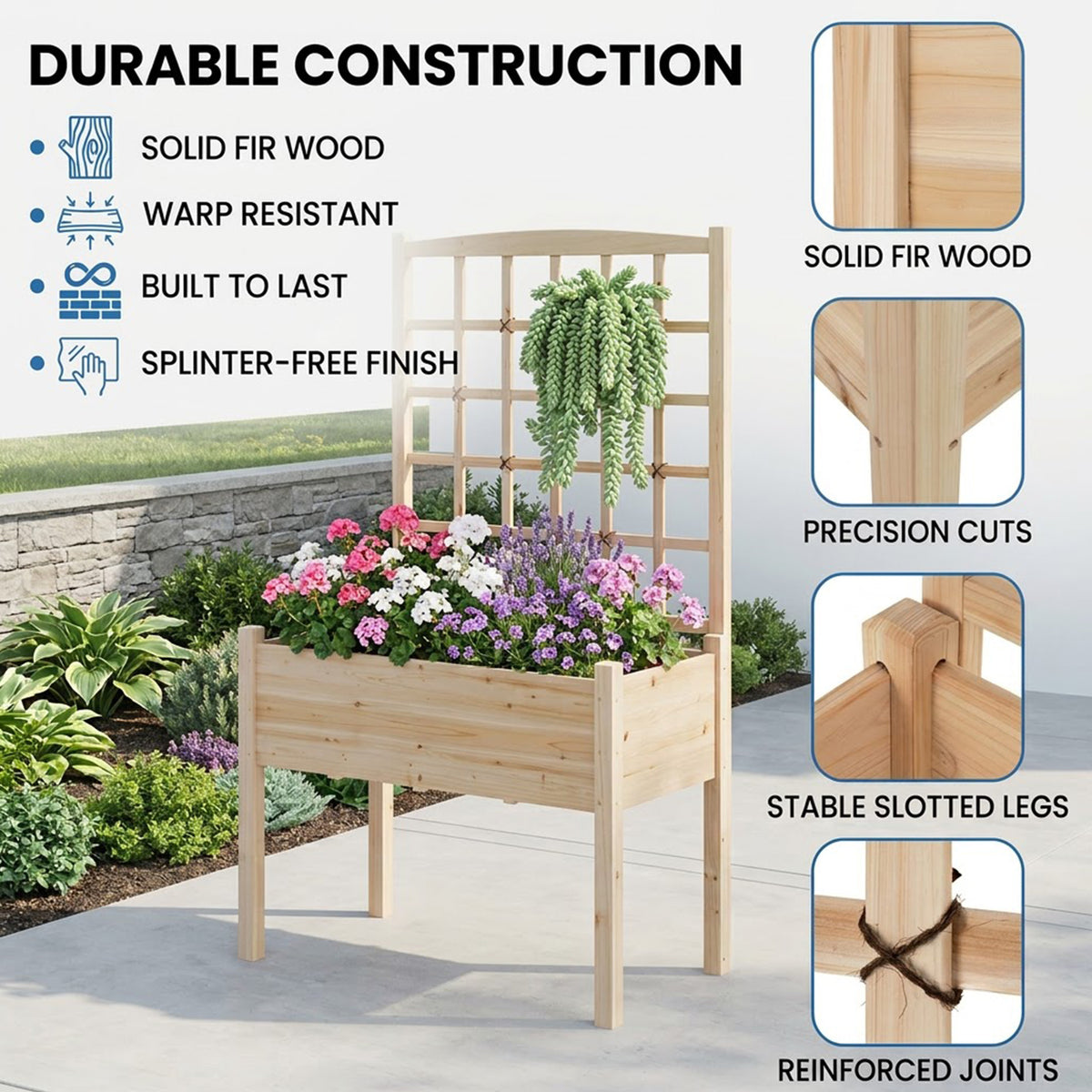 Raised Garden Bed with Trellis Wooden Planter Box Drainage Holes Waist Height
