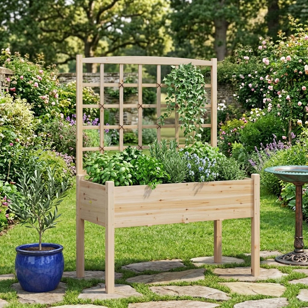 Raised Garden Bed with Trellis Wooden Planter Box Drainage Holes Waist Height