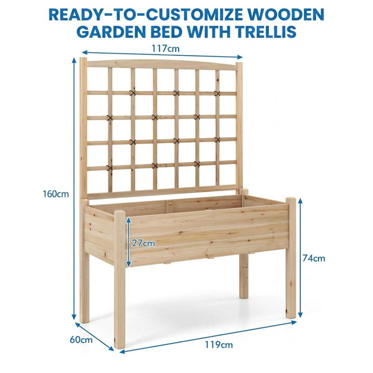 Raised Garden Bed with Trellis Wooden Planter Box Drainage Holes Waist Height