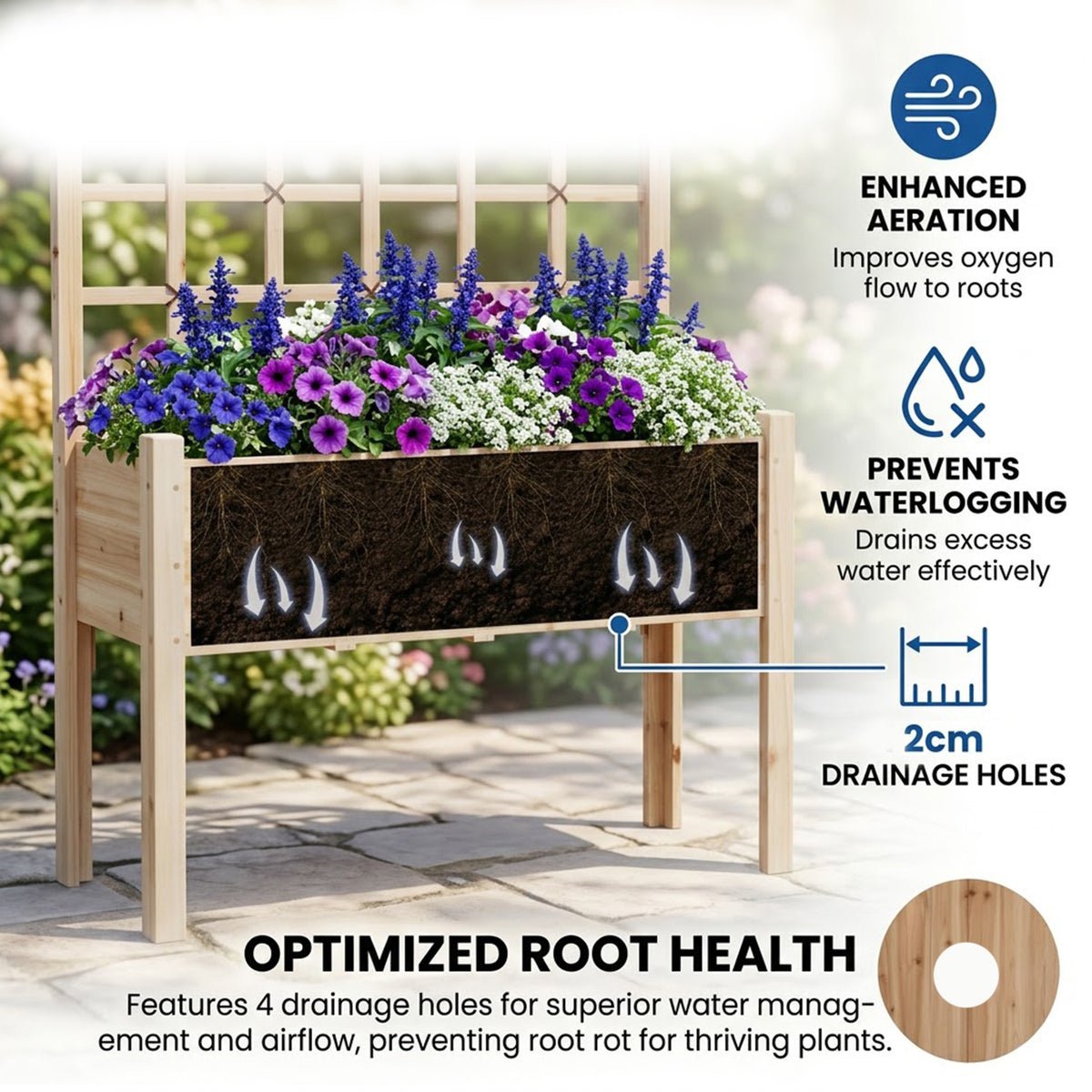 Raised Garden Bed with Trellis Wooden Planter Box Drainage Holes Waist Height