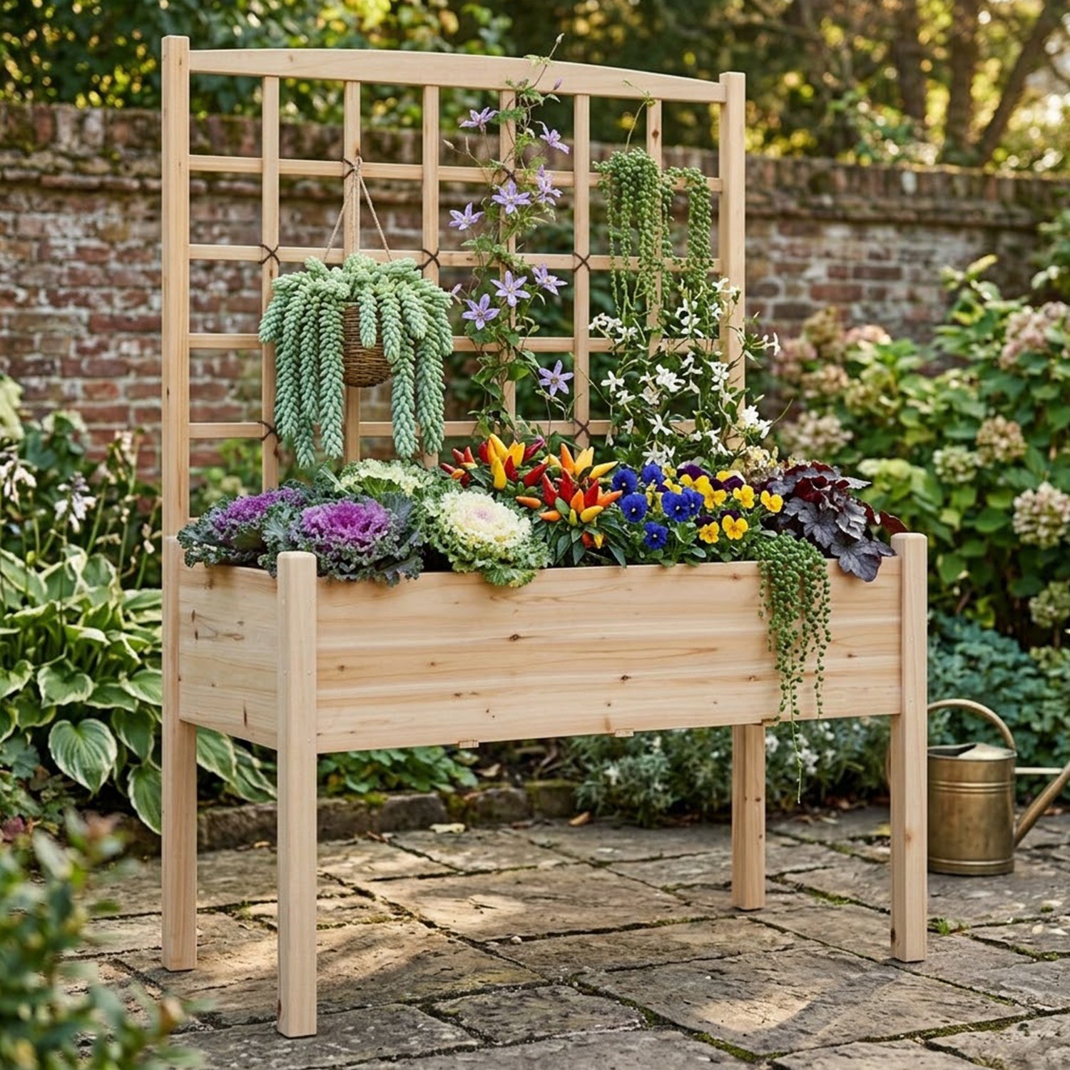 Raised Garden Bed with Trellis Wooden Planter Box Drainage Holes Waist Height