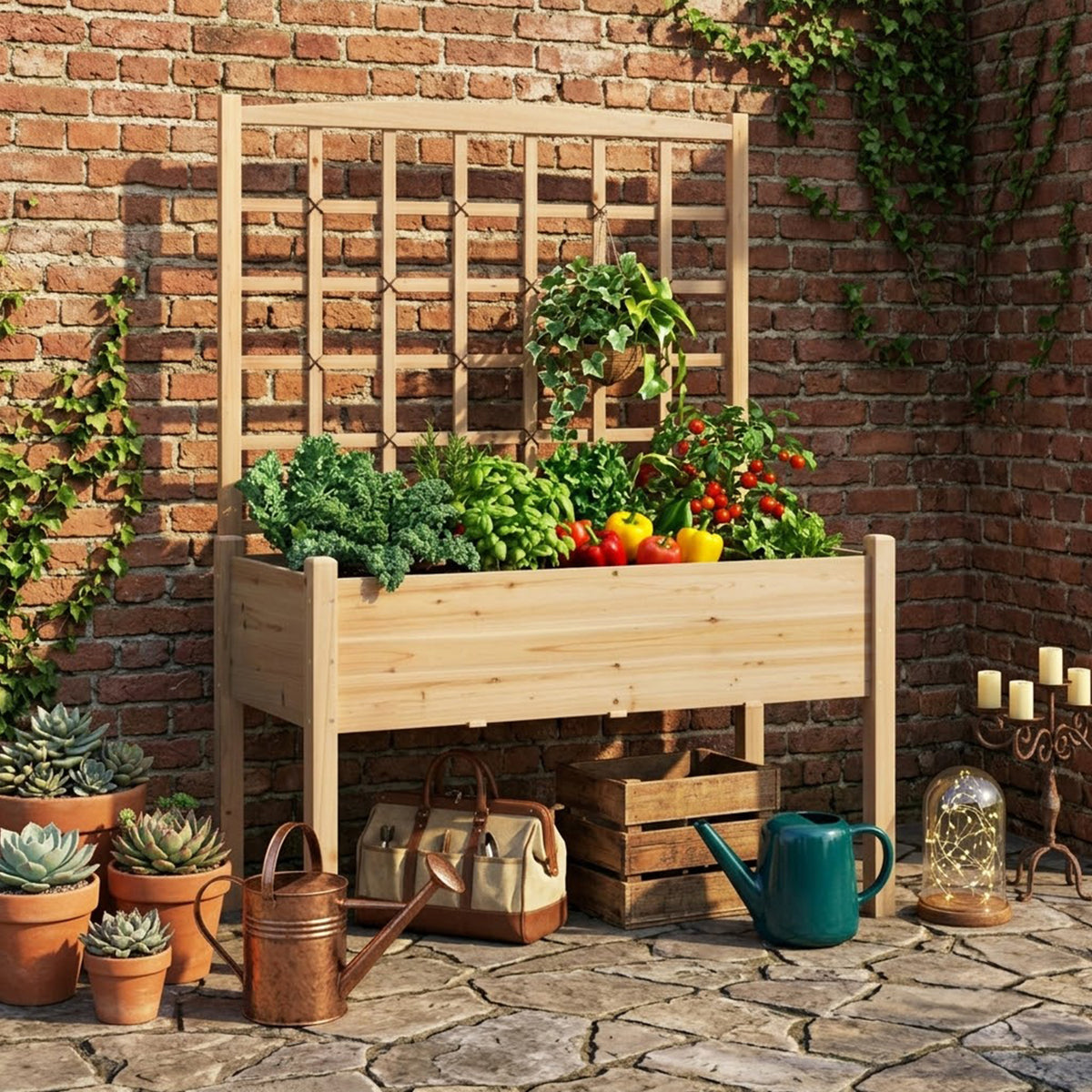 Raised Garden Bed with Trellis Wooden Planter Box Drainage Holes Waist Height