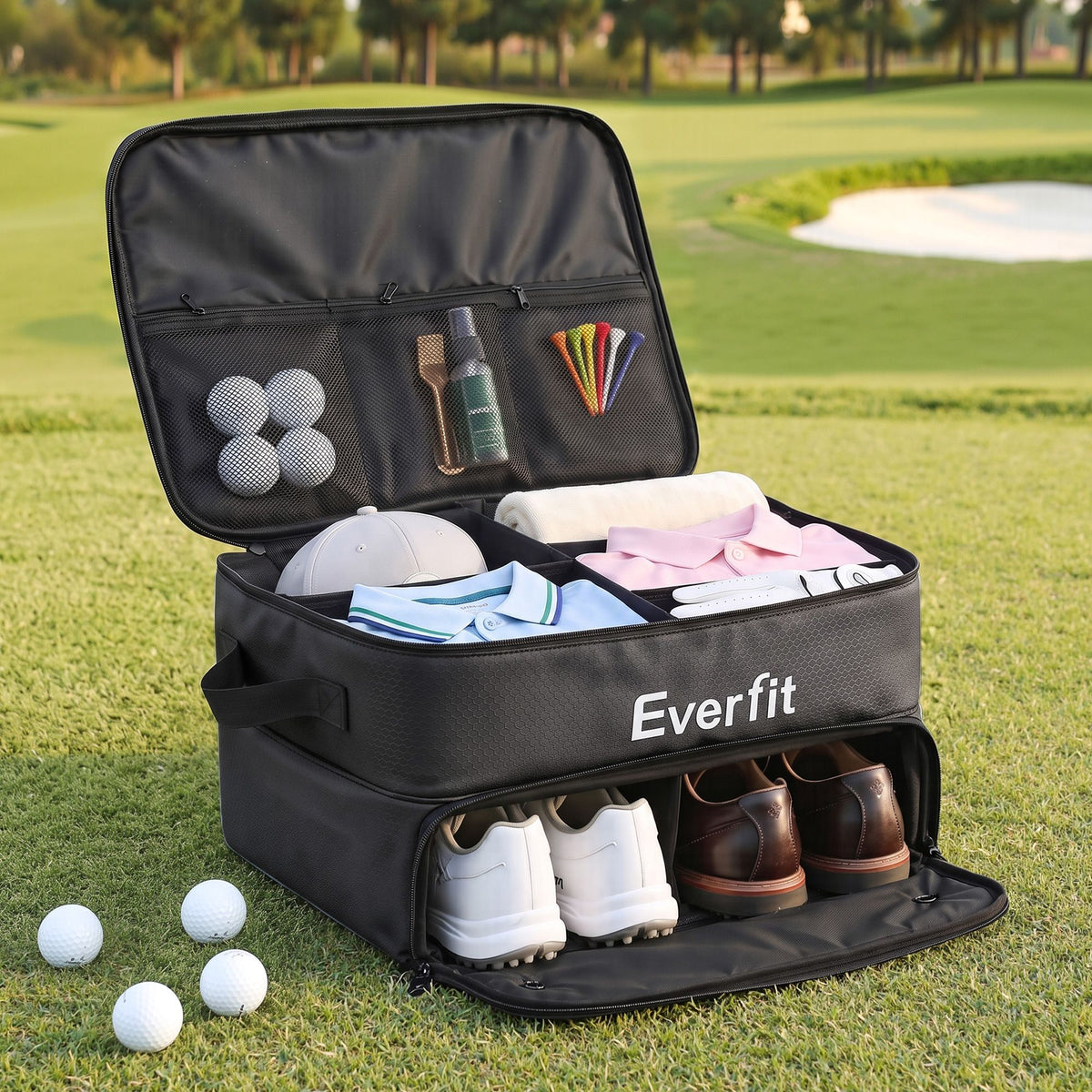Everfit Golf Trunk Organizer 2-Tier Storage Bag with Ventilate Compartment Black