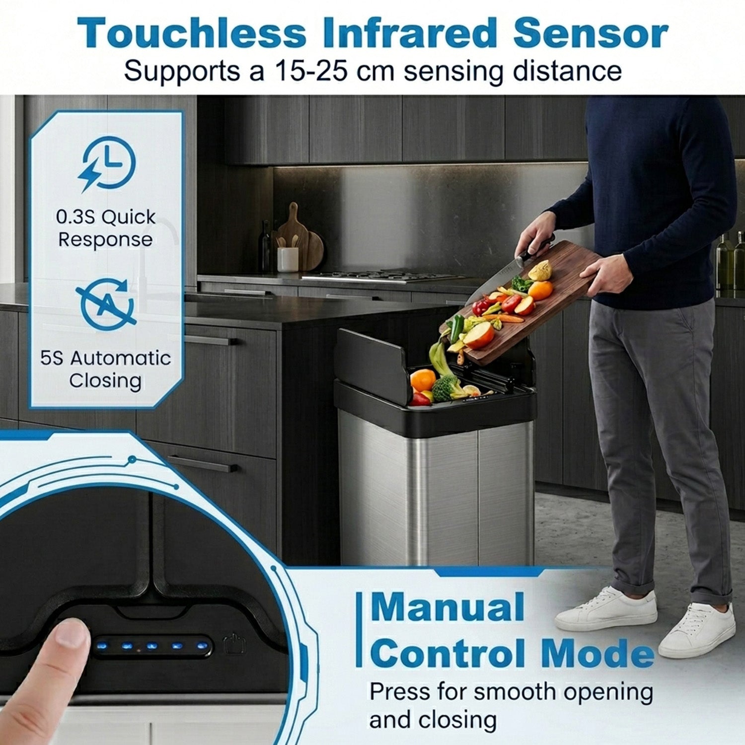 Infrared Motion Sensor Garbage Can Automatic Wing Lid Kitchen Bin Silver