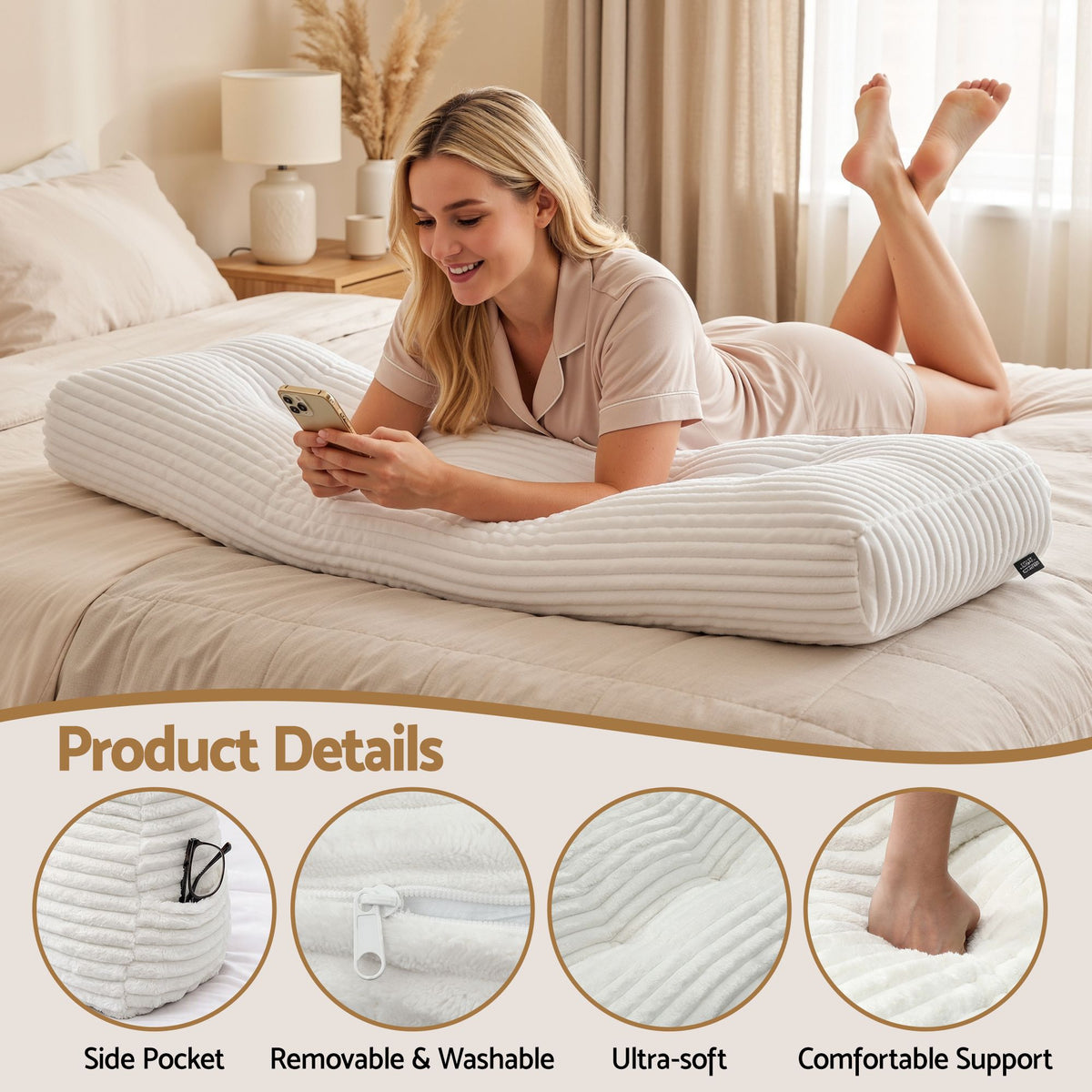 Giselle Wedge Pillow Headboard Non-Flattening Shredded Foam Double White