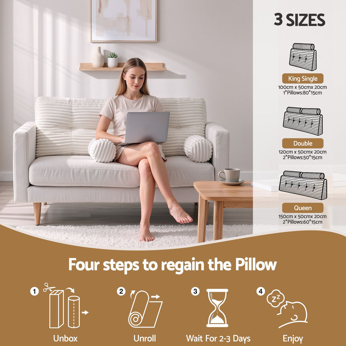 Giselle Wedge Pillow Headboard Non-Flattening Shredded Foam Double White