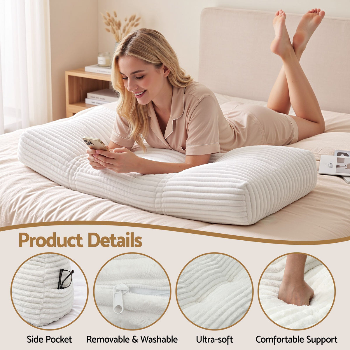 Giselle Wedge Pillow Headboard Non-Flattening Shredded Foam King Single White