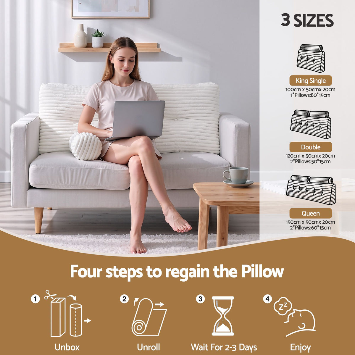 Giselle Wedge Pillow Headboard Non-Flattening Shredded Foam King Single White