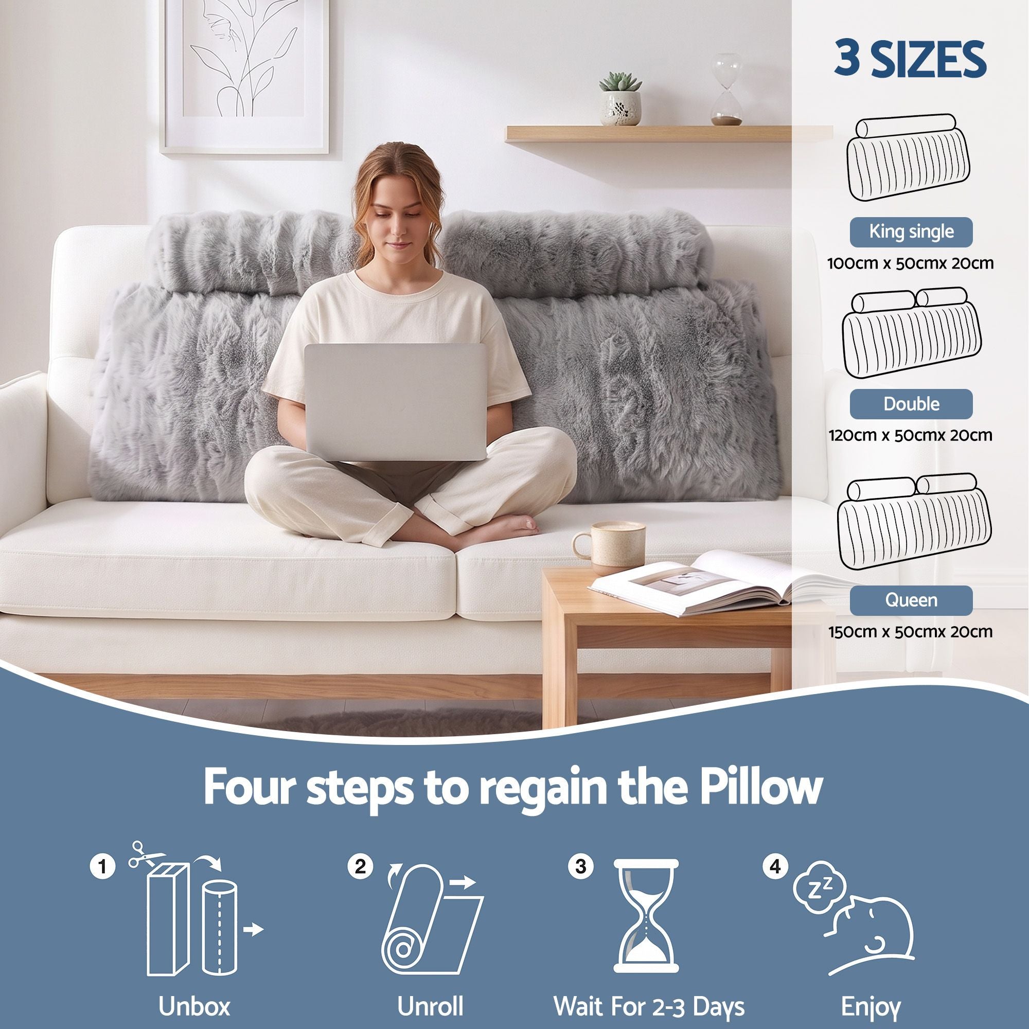 Giselle Wedge Pillow Headboard Zipper Cover Anti-Flat Foam Double Grey