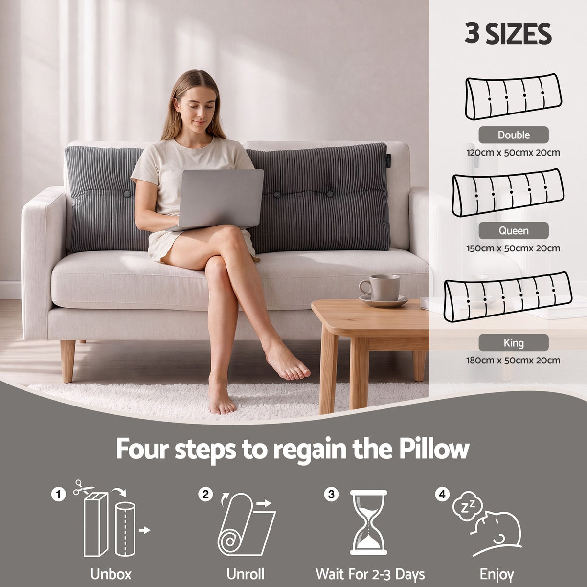 Giselle Headboard Pillow Reading Wedge Cushion Lumbar Support Double Grey