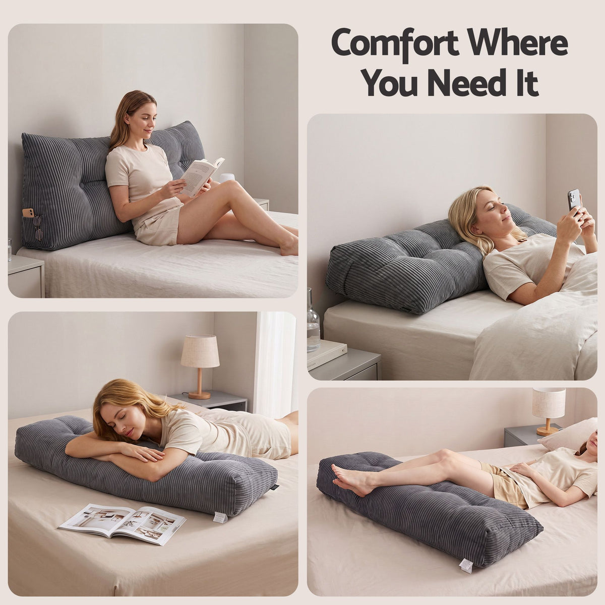 Giselle Headboard Pillow Reading Wedge Cushion Lumbar Support Double Grey