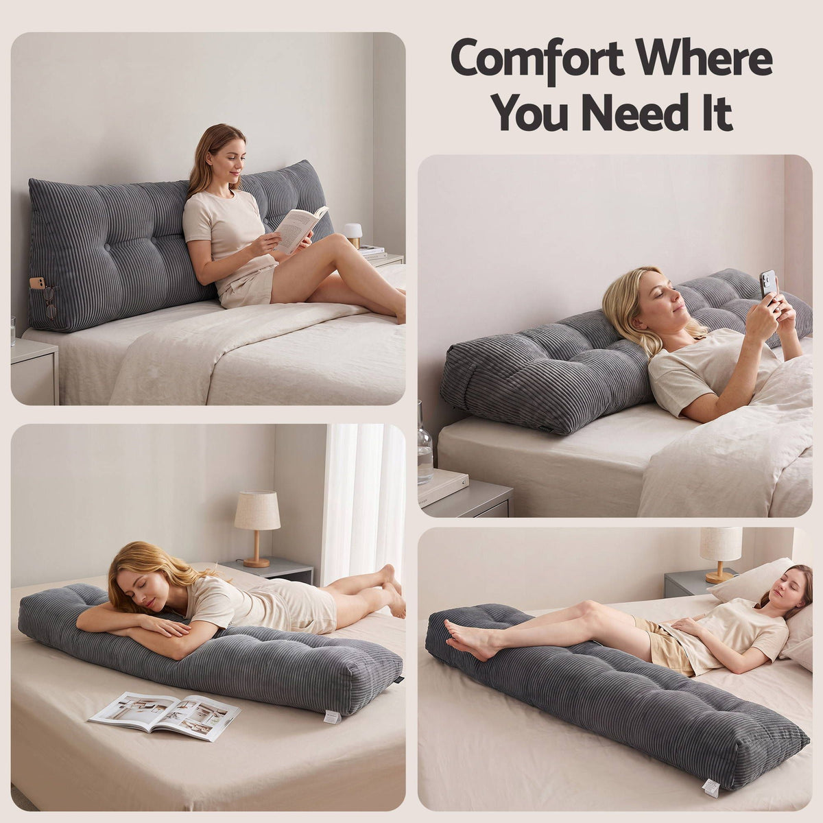 Giselle Headboard Pillow Reading Wedge Cushion Lumbar Support King Grey