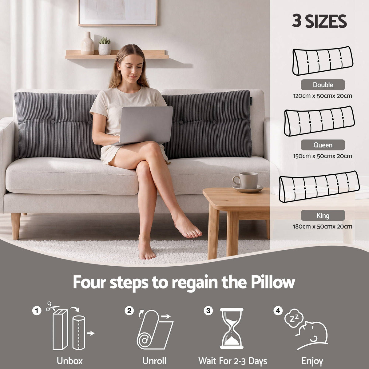 Giselle Headboard Pillow Reading Wedge Cushion Lumbar Support Queen Grey