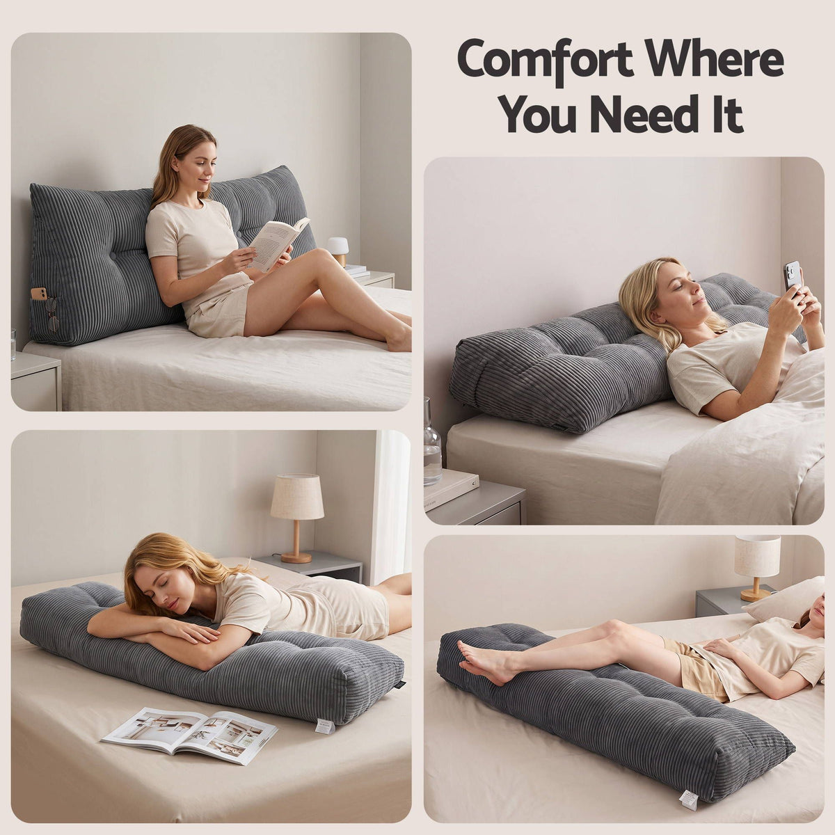 Giselle Headboard Pillow Reading Wedge Cushion Lumbar Support Queen Grey