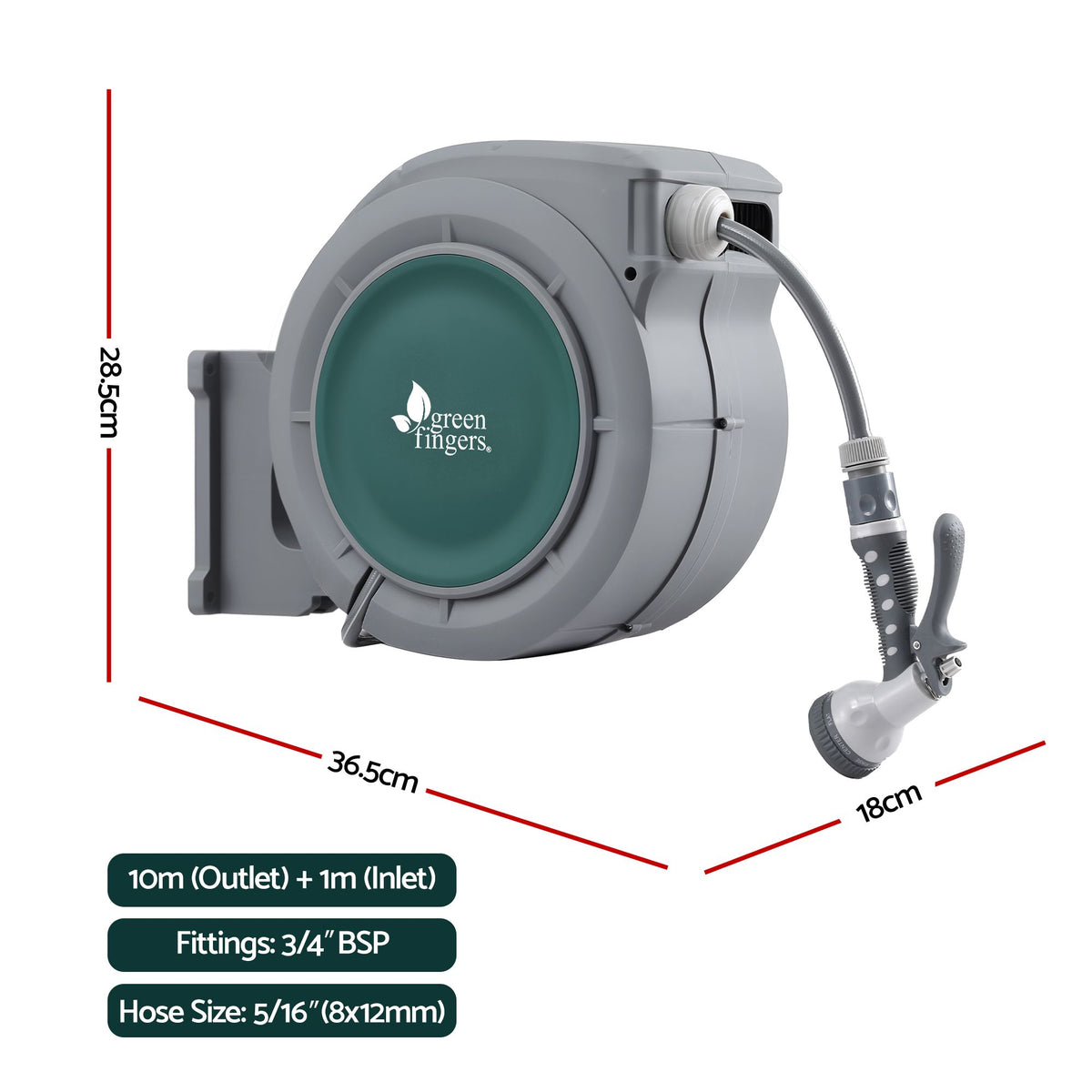 Green Fingers 20m Retractable Water Hose Reel Wall Mount 9-Pattern Nozzle