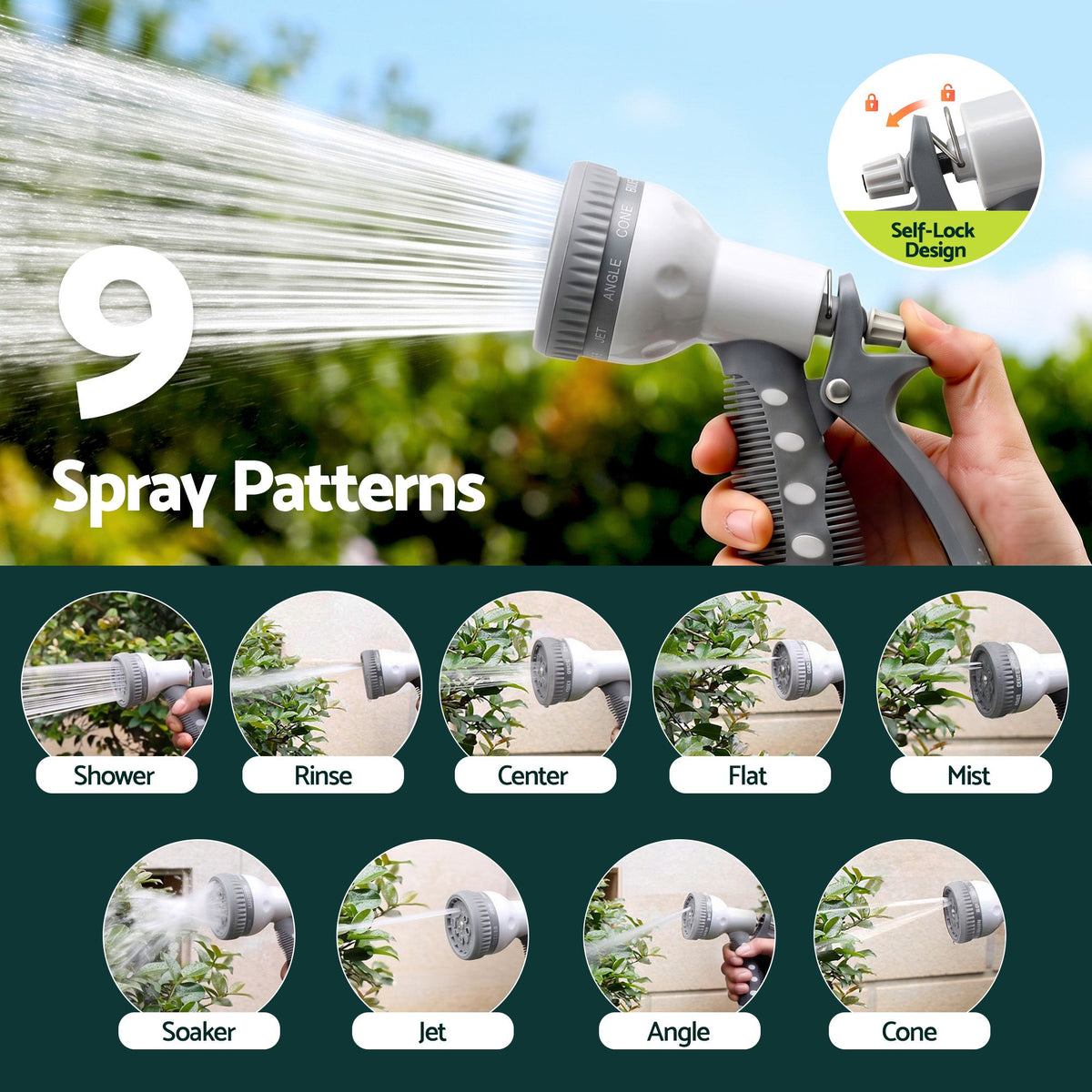 Green Fingers 20m Retractable Water Hose Reel Wall Mount 9-Pattern Nozzle