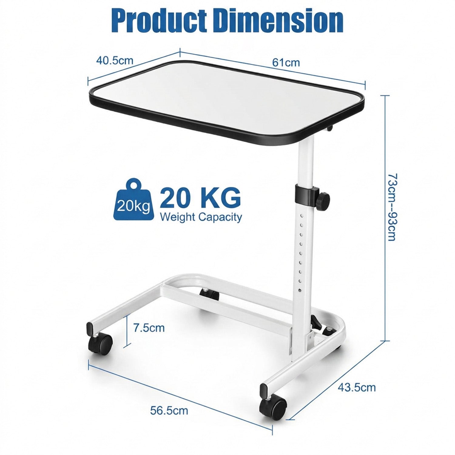 Portable Bedside Table 9 Level Adjustable Height Nightstand Storage White