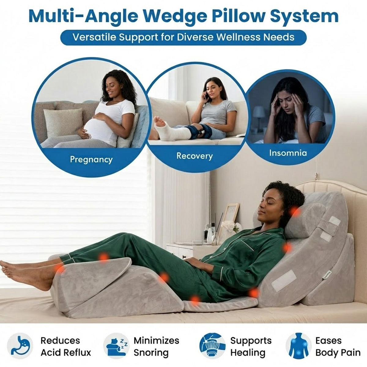 6pc Orthopedic Wedge Pillow Set Memory Foam Velvet Cover Pregnancy Support