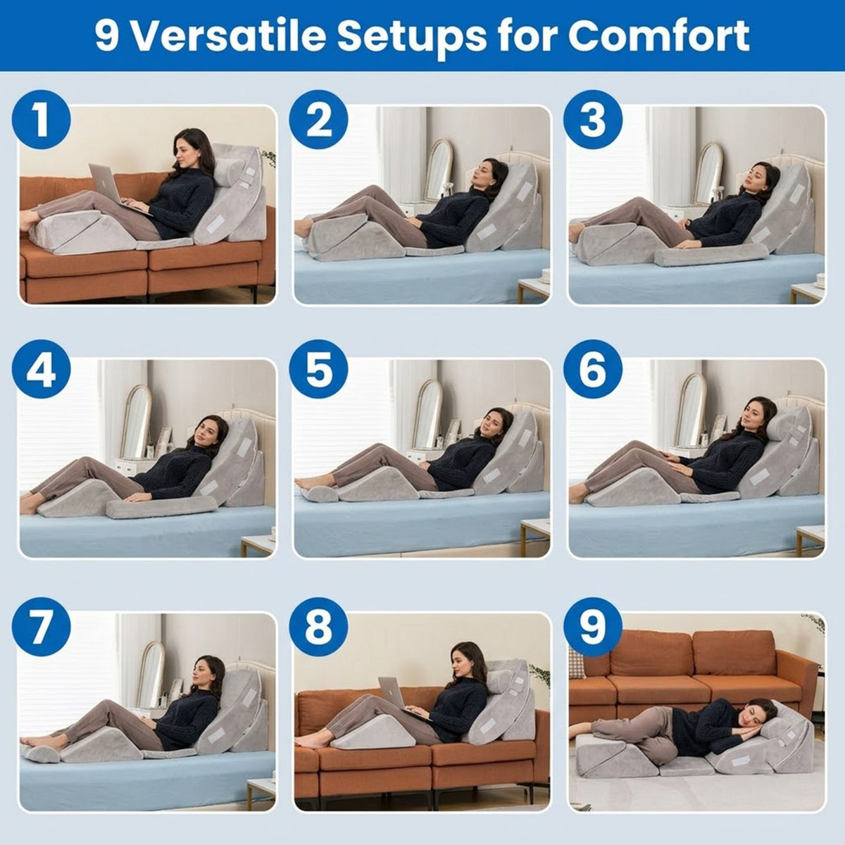 6pc Orthopedic Wedge Pillow Set Memory Foam Velvet Cover Pregnancy Support