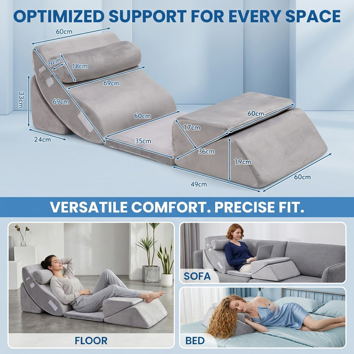 6pc Orthopedic Wedge Pillow Set Memory Foam Velvet Cover Pregnancy Support