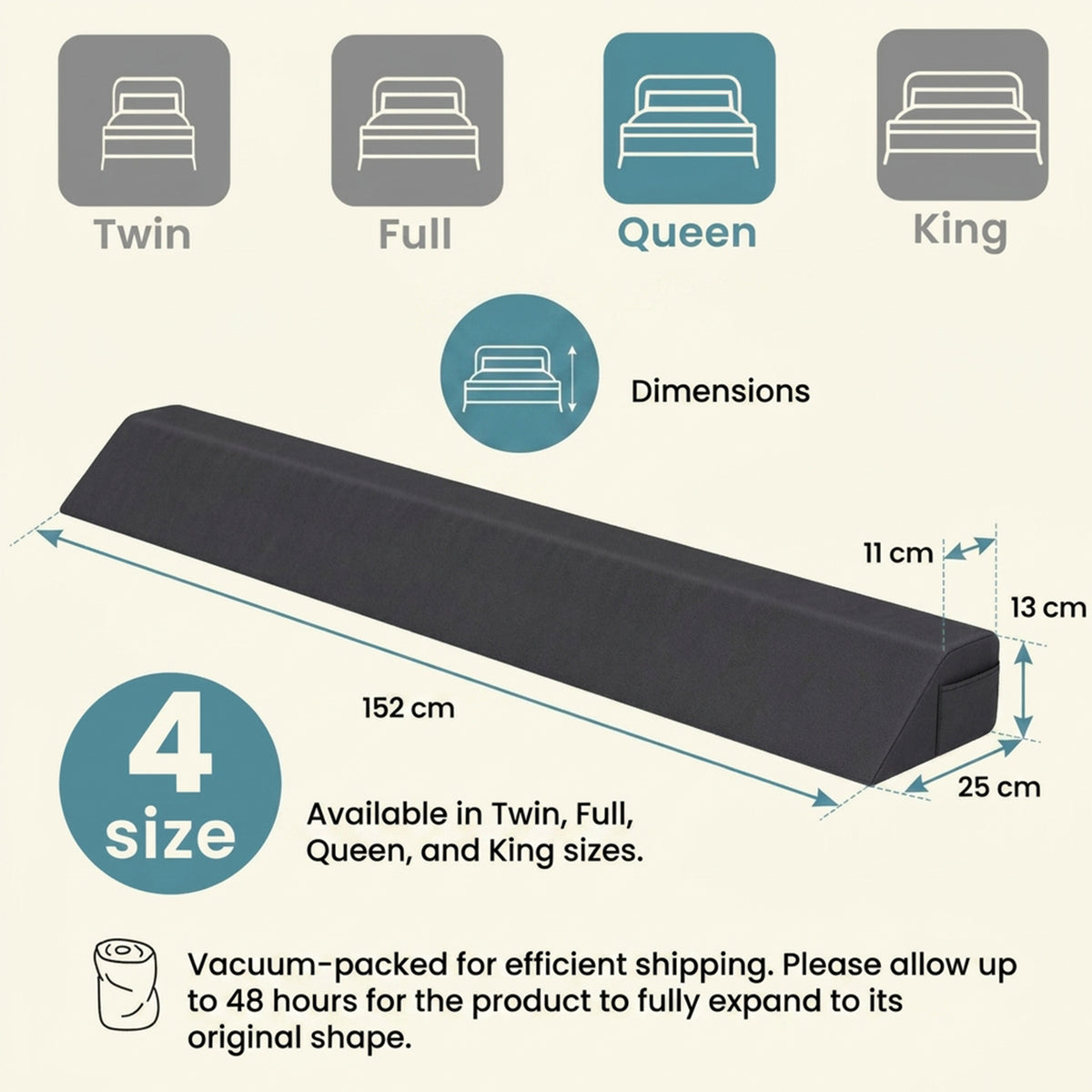 Bed Wedge Pillow Headboard Gap Filler 2 Storage Pockets Bedroom Queen Grey
