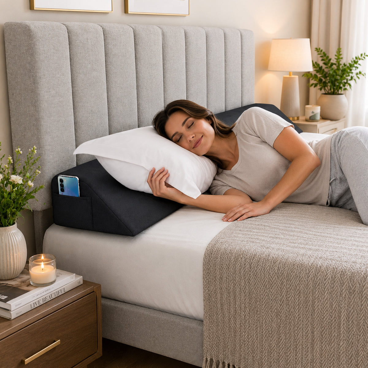 Bed Wedge Pillow Headboard Gap Filler 2 Storage Pockets Bedroom Queen Grey