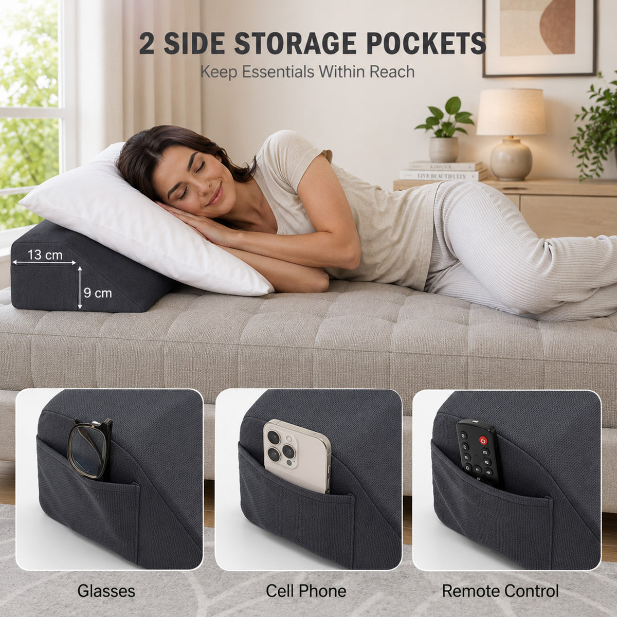 Bed Wedge Pillow Headboard Gap Filler 2 Storage Pockets Bedroom Queen Grey